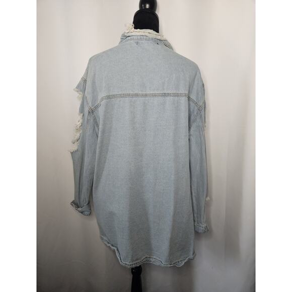 Denim Flavour Collection Womens Distressed Denim Shirt Small Oversized Long - Picture 3 of 7